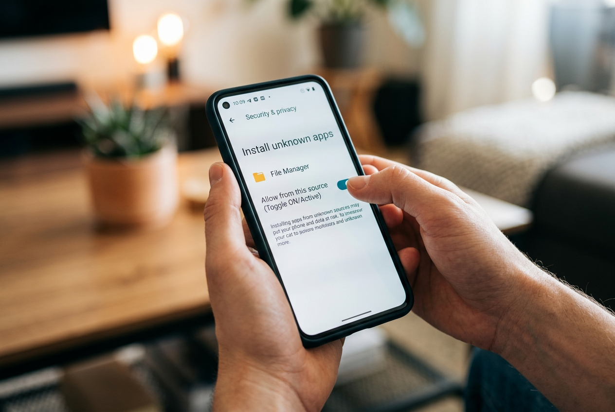 Osoba instalująca oficjalny plik APK kasyna na smartfonie z systemem Android