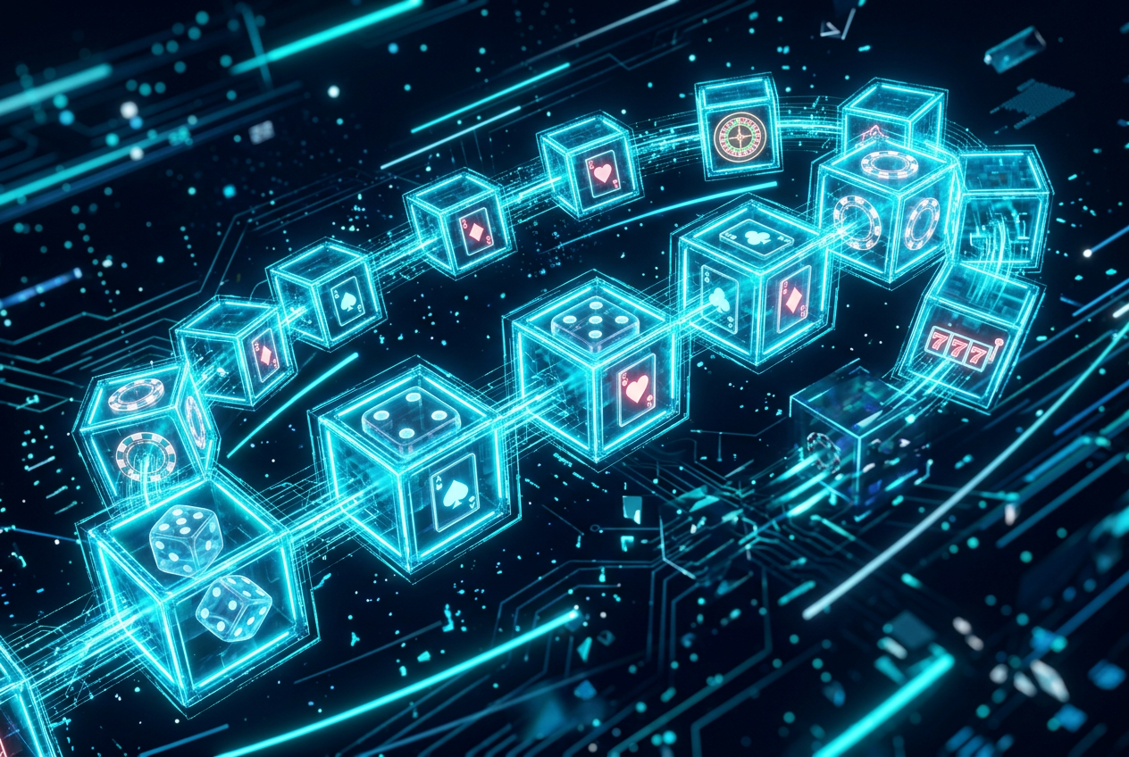Modern digital visualization of blockchain technology in online gambling showing encrypted data blocks and casino icons