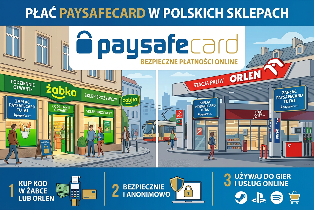 Ilustracja punktów sprzedaży Paysafecard w Polsce takich jak Żabka czy Orlen
