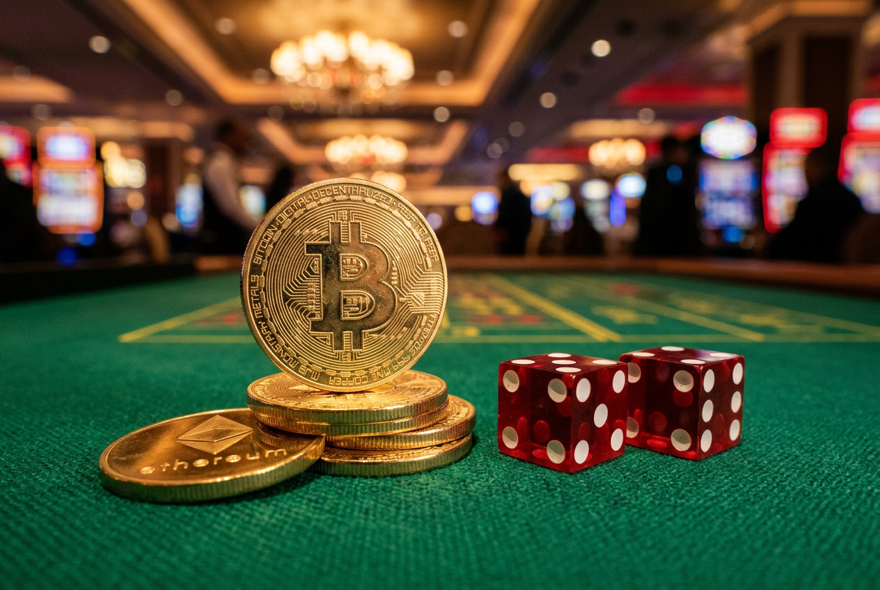 Close-up of golden Bitcoin and Ethereum coins with casino dice on a luxury green felt background