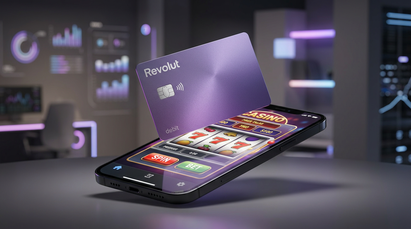Karta Revolut nad telefonem z aplikacją kasyna online