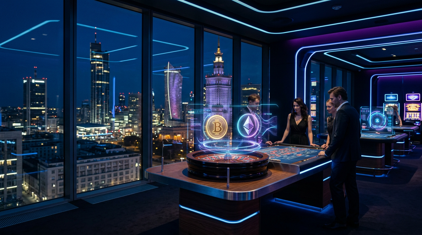 Futuristic crypto casino with digital currency holograms over a luxury roulette table.