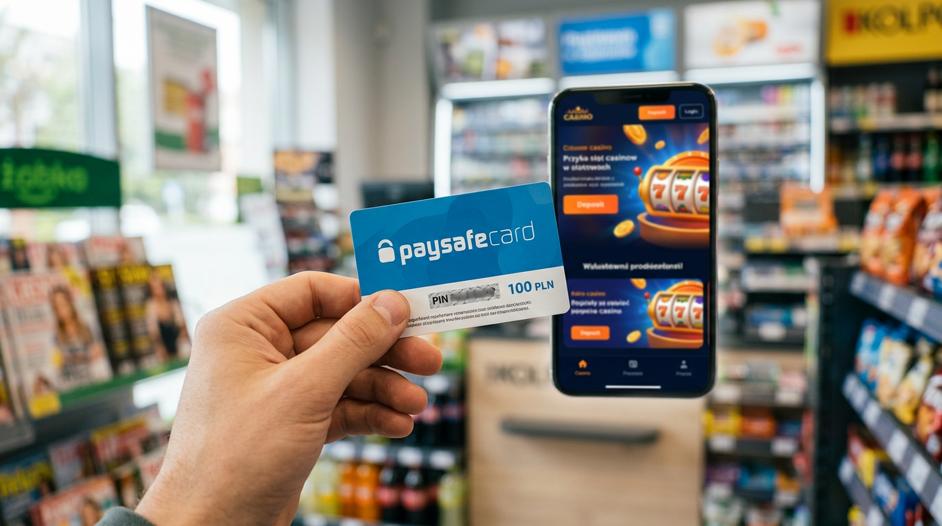 Ręka trzymająca kupon Paysafecard na tle smartfona z kasynem online