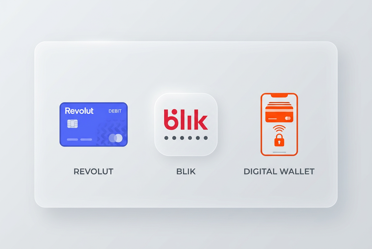 Porównanie logotypów Revolut, BLIK oraz Skrill jako alternatywnych metod płatności